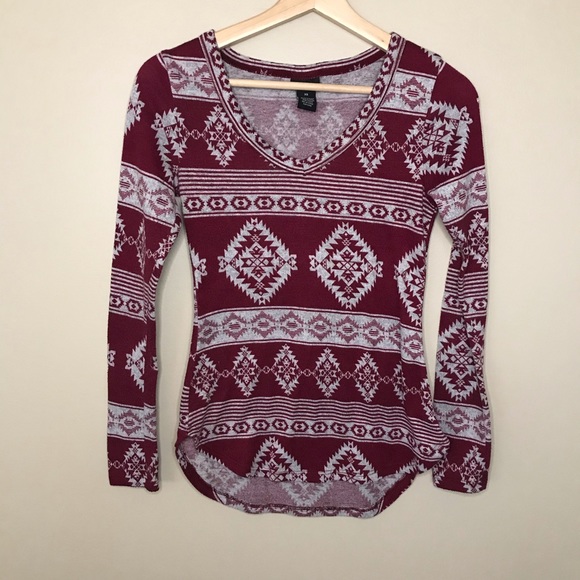 RUE21 Long Sleeve Rounded Hem Top with Aztec Print - Picture 1 of 6